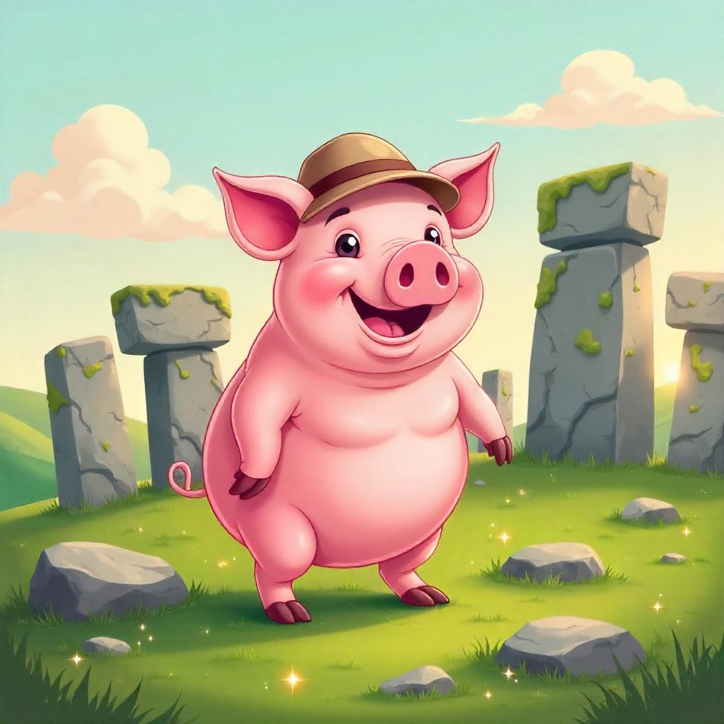 Cartoon Pig Exploring Stonehenge