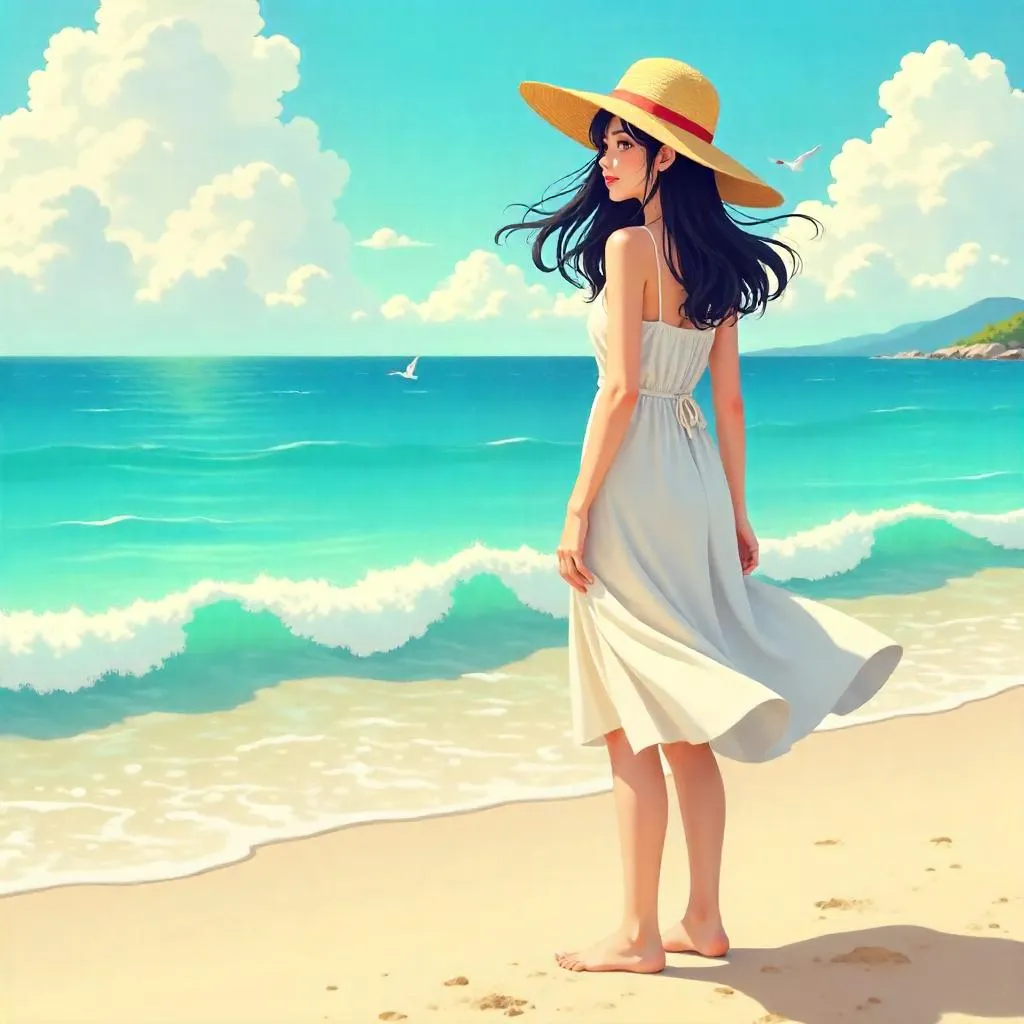 Sunny Anime Beach Portrait of a Young Asian Woman