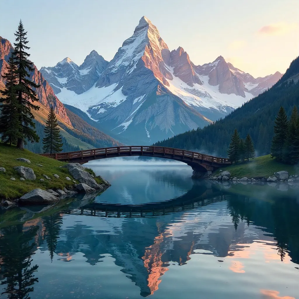 Alpine Bridge Over a Tranquil Mountain Lake