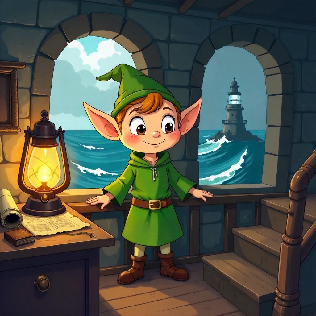 Cartoon Elf in a Lighthouse: Whimsical Harbor Glow