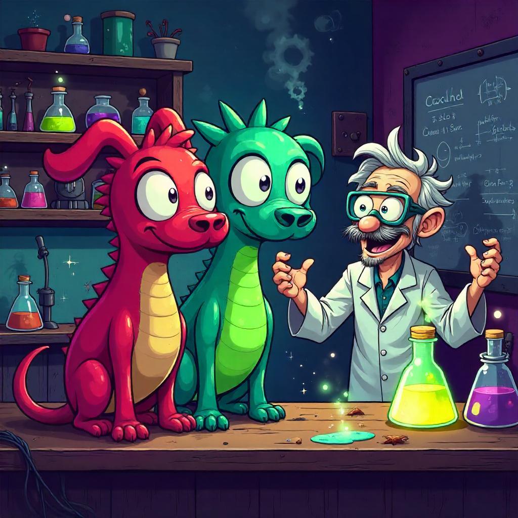 Three-Headed Cartoon Cerberus in a Mad Scientist Lab