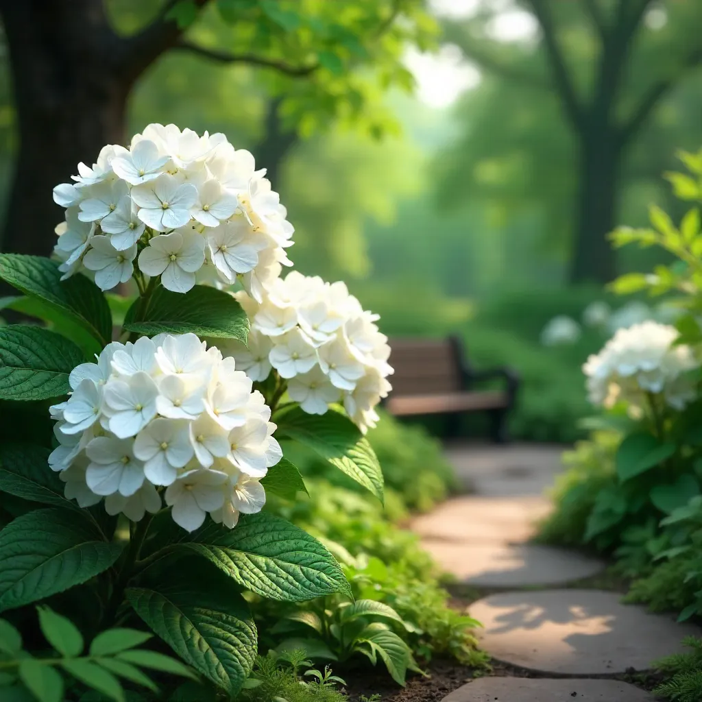 White Hydrangeas in a Lush Botanical Garden
