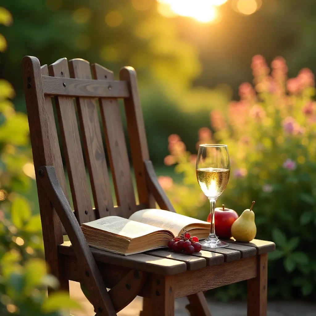 Golden Hour Patio: Book, Wine & Fruit on a Wooden Chair