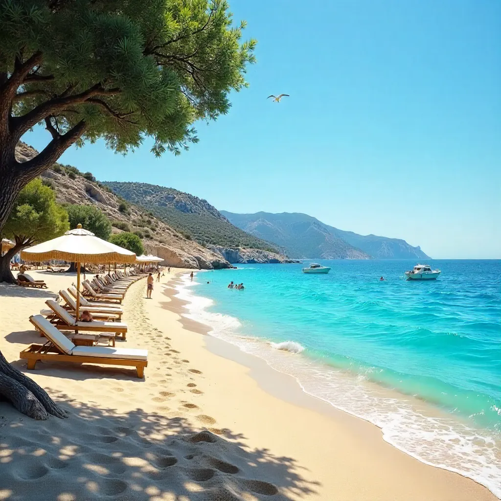 Serene Greek Beach: Blue Waves Under Sunny Summer Sky