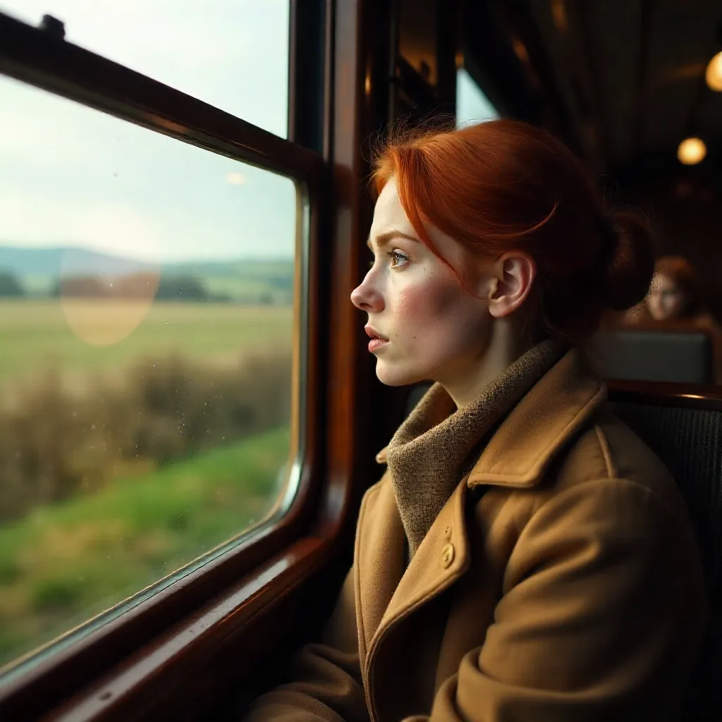 Red-Haired Woman Gazing Thoughtfully on a Train