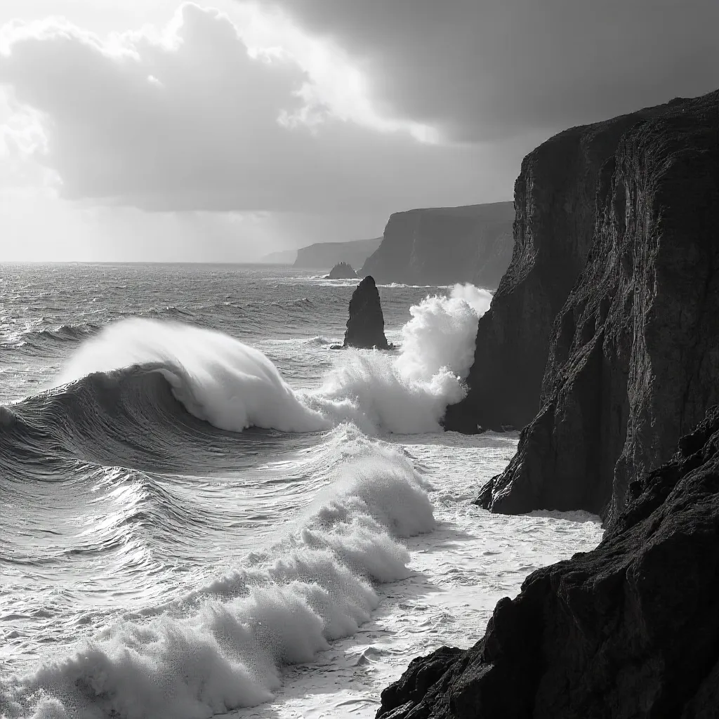 Monochrome Fury: Waves Crashing on Rugged Cliffs