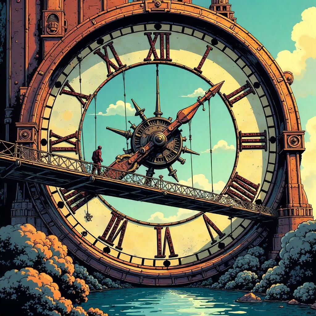 Bridge in a Giant Clock: A Comic Book Scene