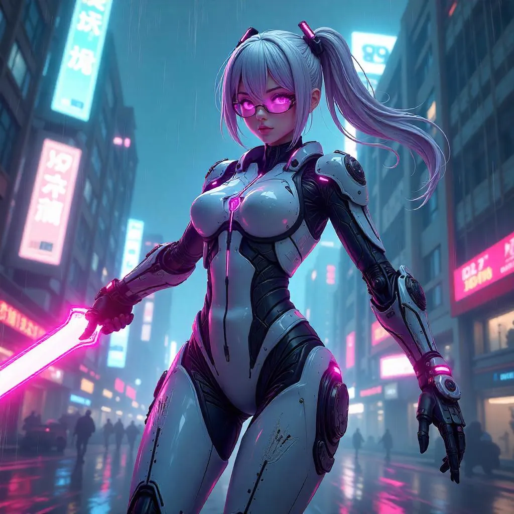 Neon Cyborg Warrior in an Anime Video Game World
