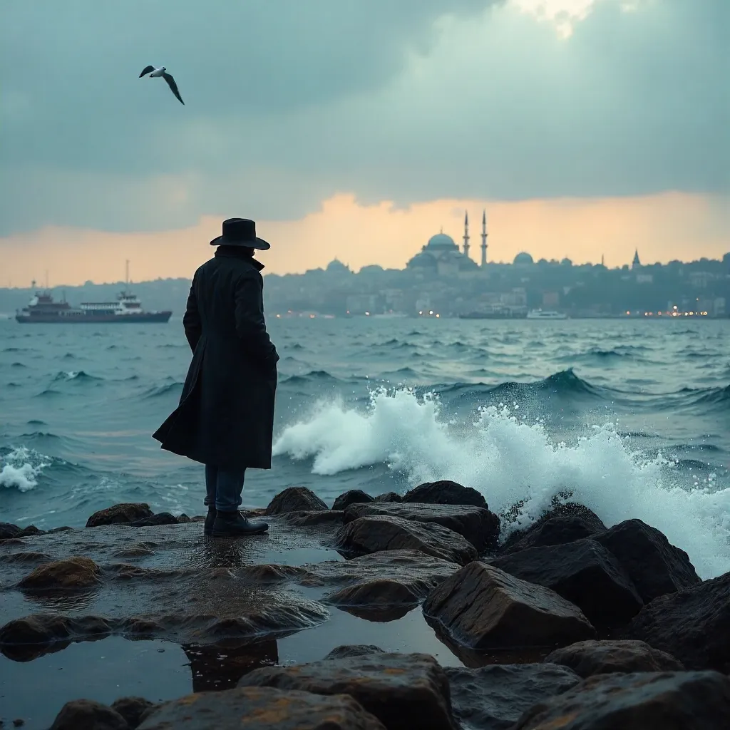 Solitary Figure on Istanbul's Rocky Bosporus Shore