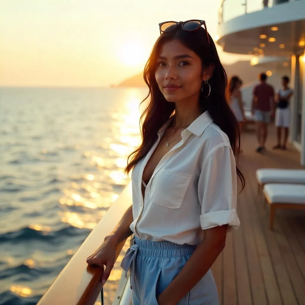 Photorealistic Indian woman on a cruise deck at sunset