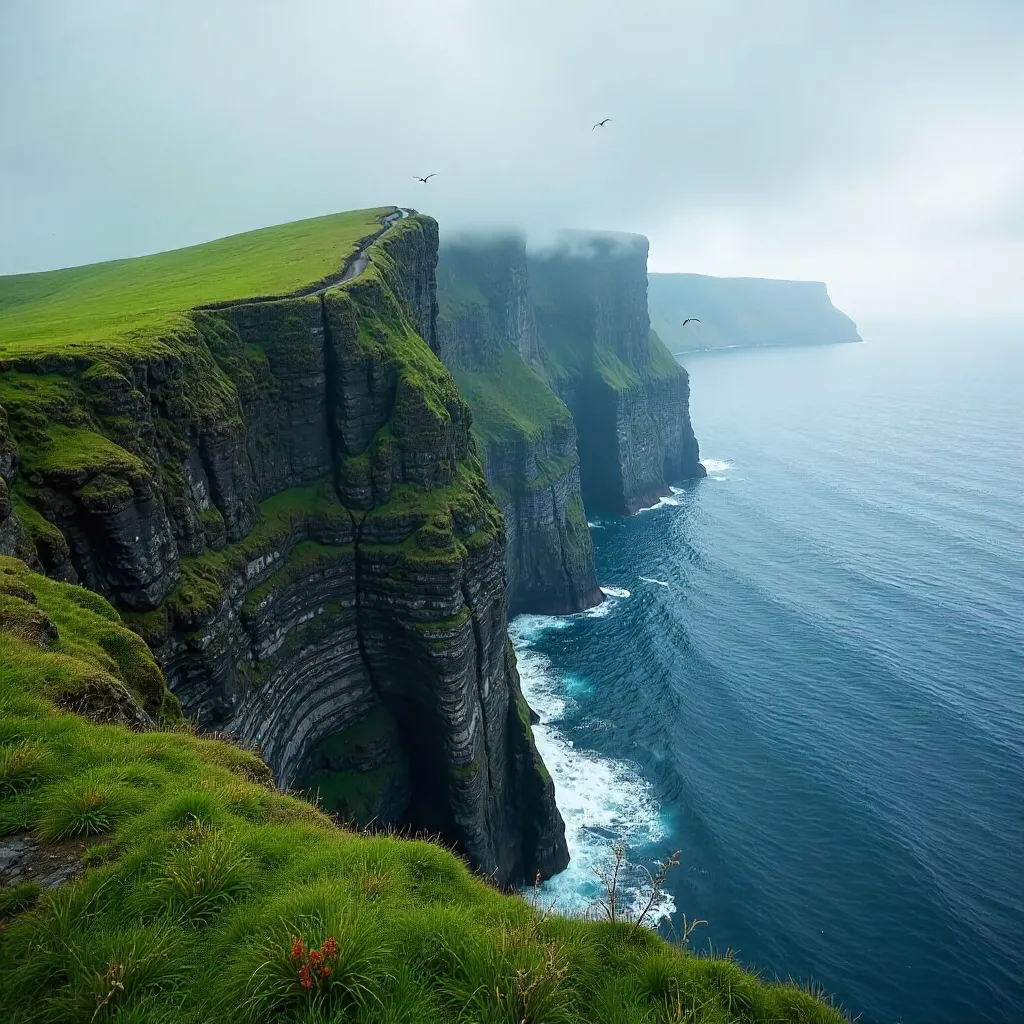 Emerald Cliff's Edge Meeting the Ocean Under Clouds
