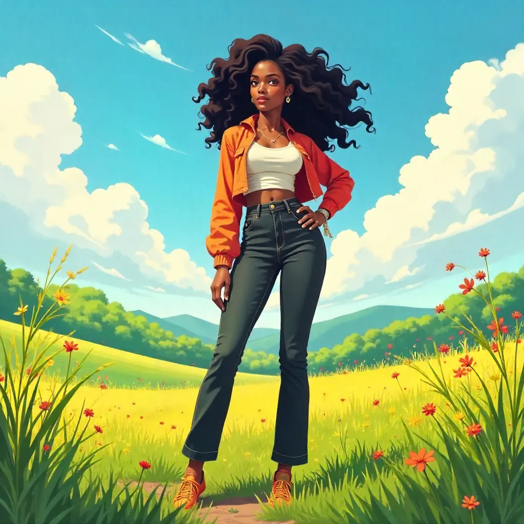 Confident Black Woman in an Anime Meadow