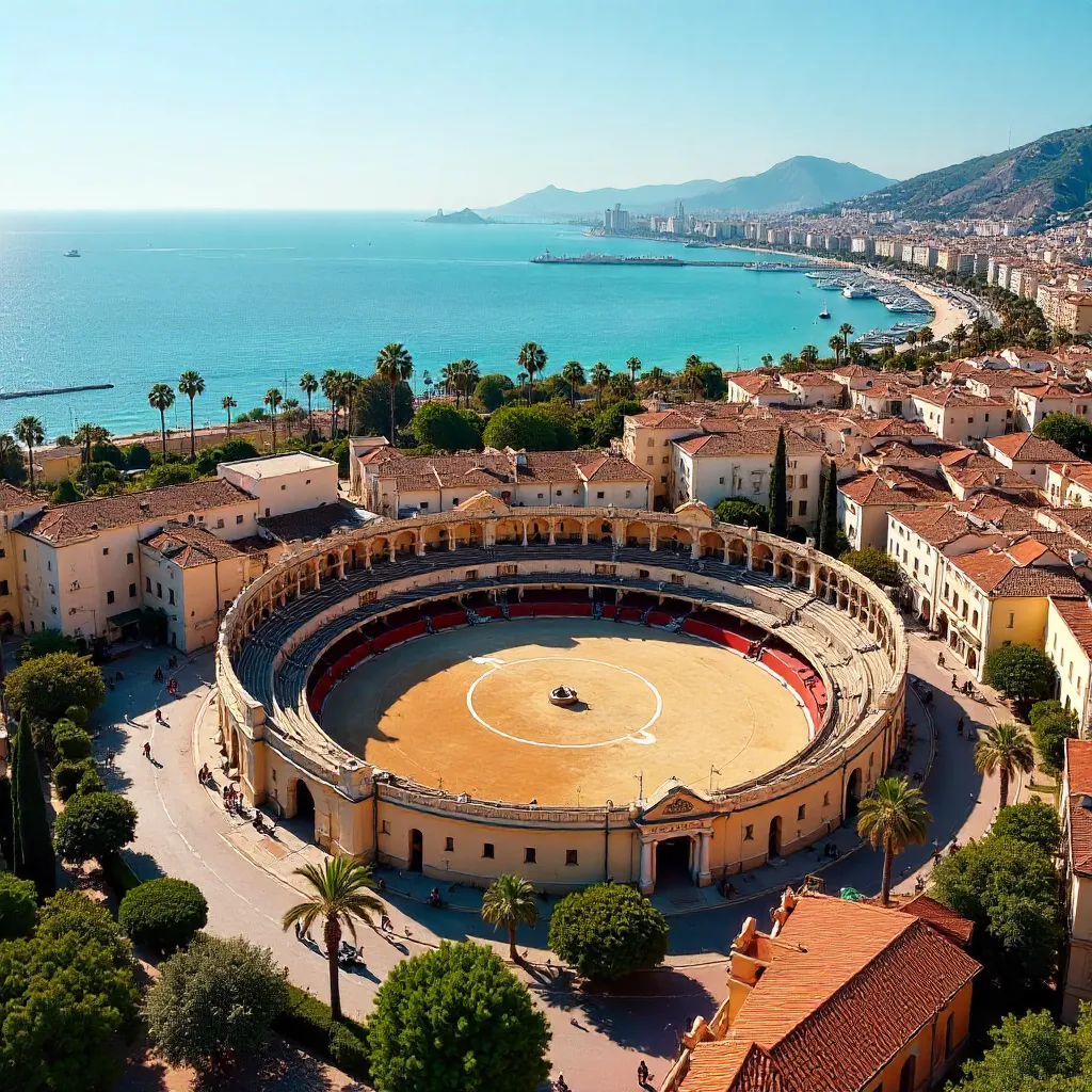 Aerial Málaga: Bullring and Coastline Under Blue Sky
