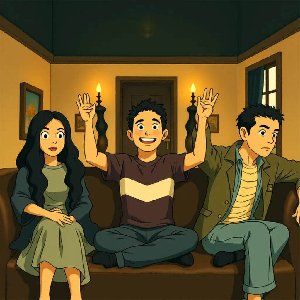 Elijah Wood, Laura Mennell, and Theo James in The Monkey (2025) - Ghibli style