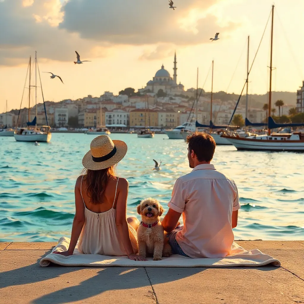 Couple and Dog Relaxing by Marseille Harbor at Sunset