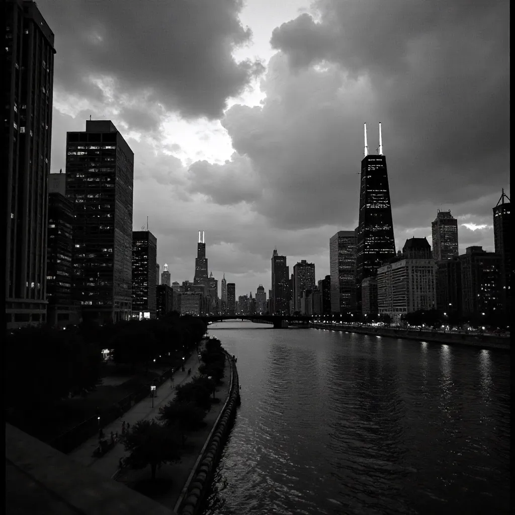 Monochrome Chicago Skyline Noir Silhouette