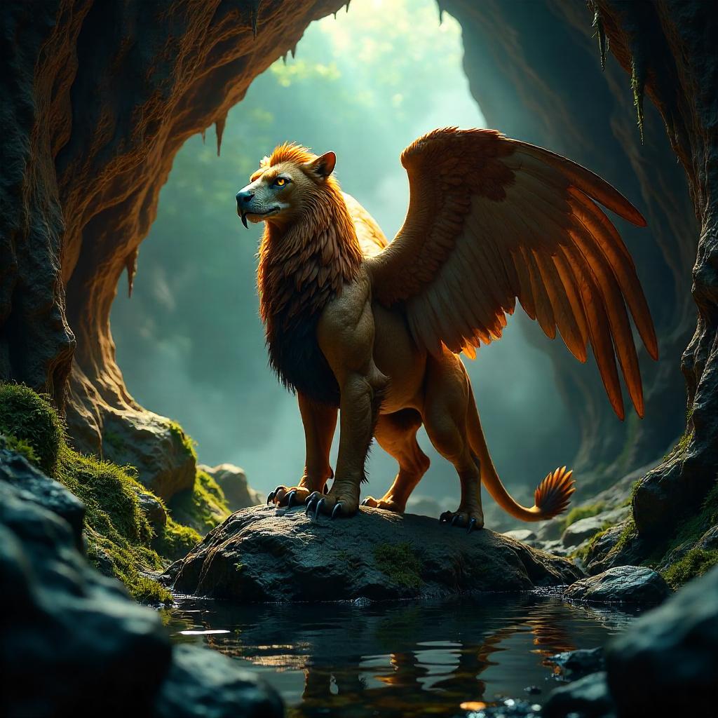 Photorealistic Griffin in a Damp Cave