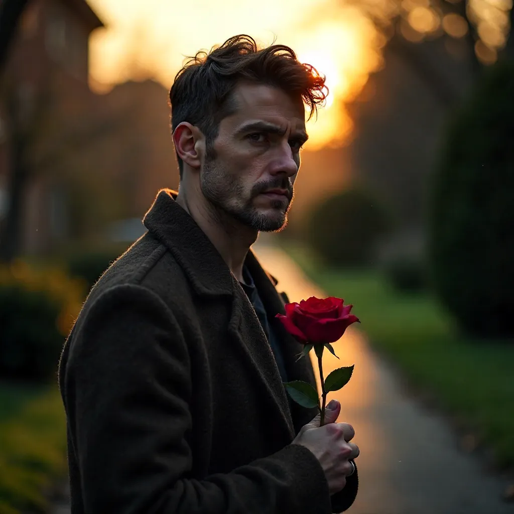 Moody Outdoor Portrait: Man with Rose at Dusk