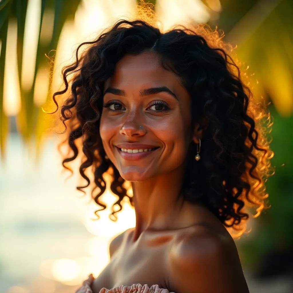 Sunlit Close-Up: Curly-Haired Woman in Tropics