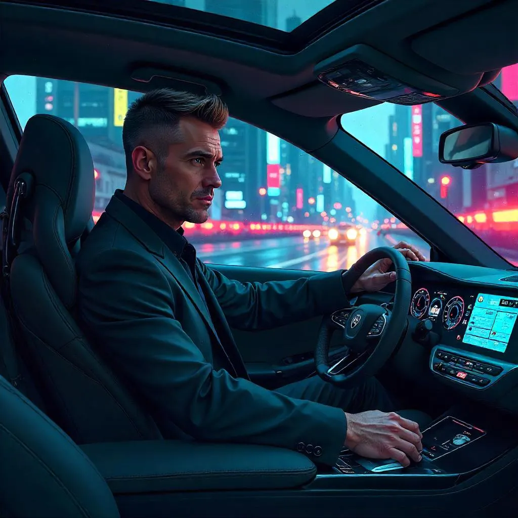Confident White Man in a Futuristic Car - Concept Art