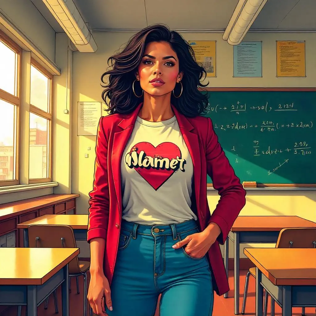 Latina Hero in a Classroom - Comic Book Style