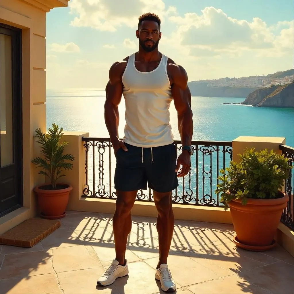 Athletic Black Man on Terrace in Oil Painting