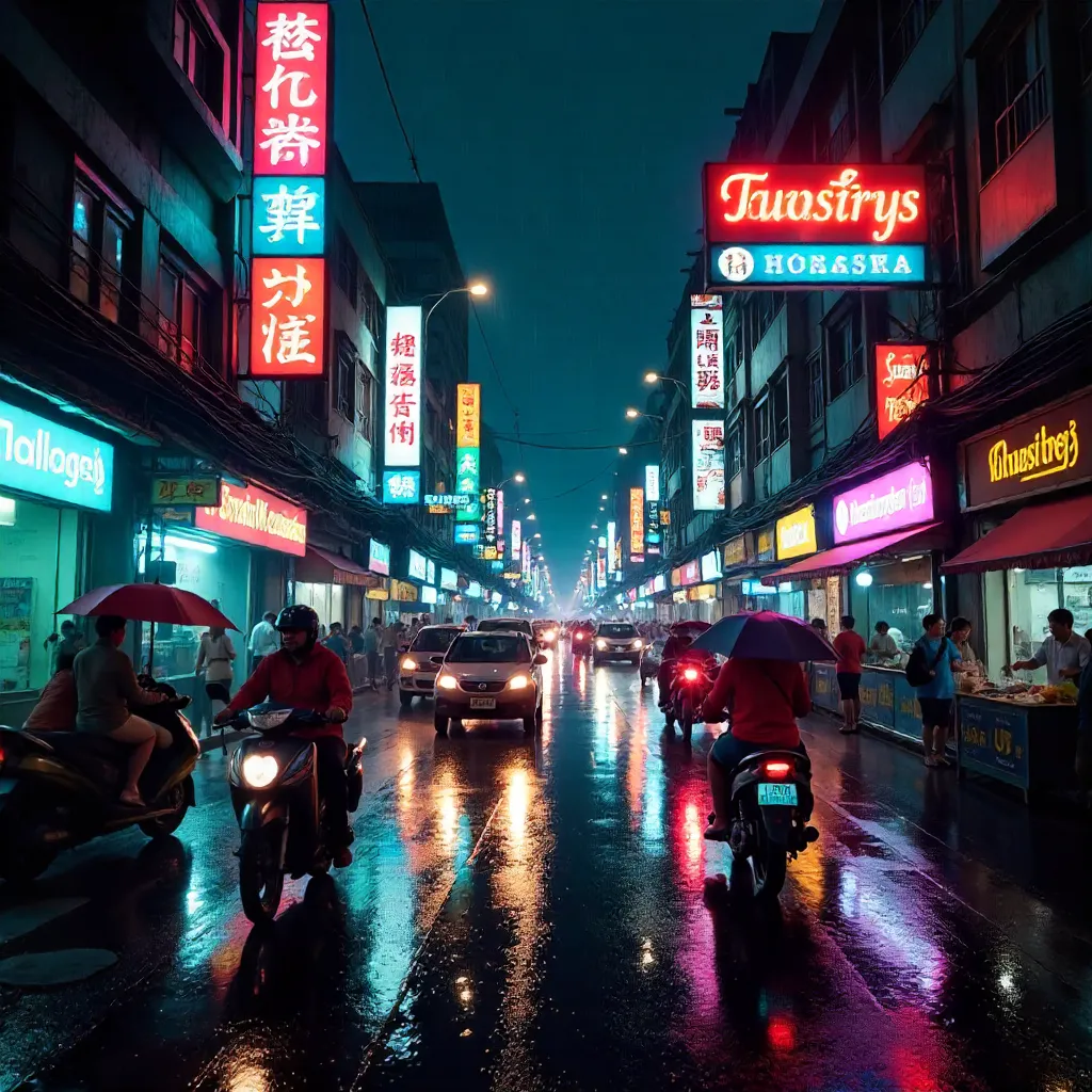 Neon Bangkok Night: Traffic Under Glowing Signs