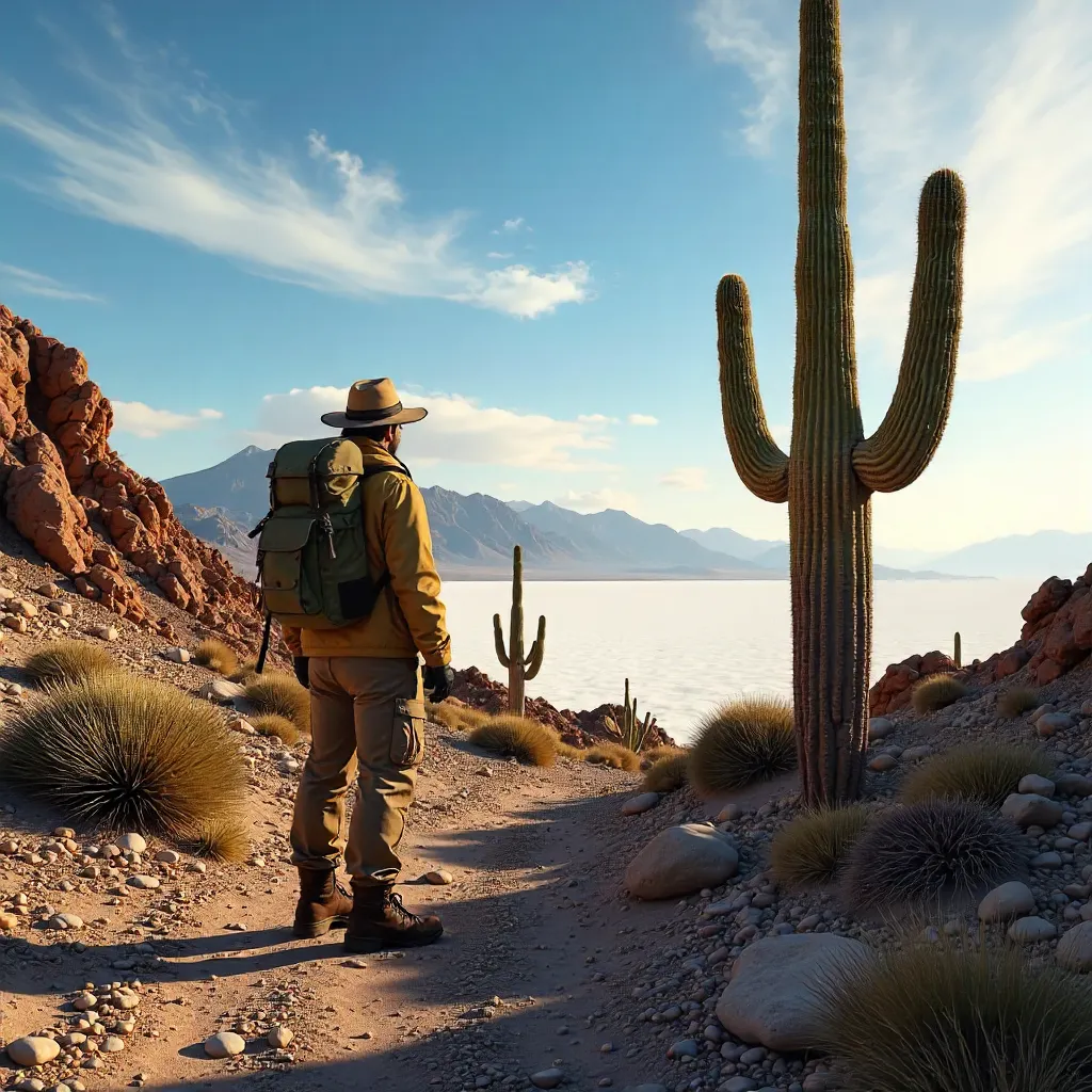 Explorer Among Giant Cacti on Uyuni's Rocky Desert