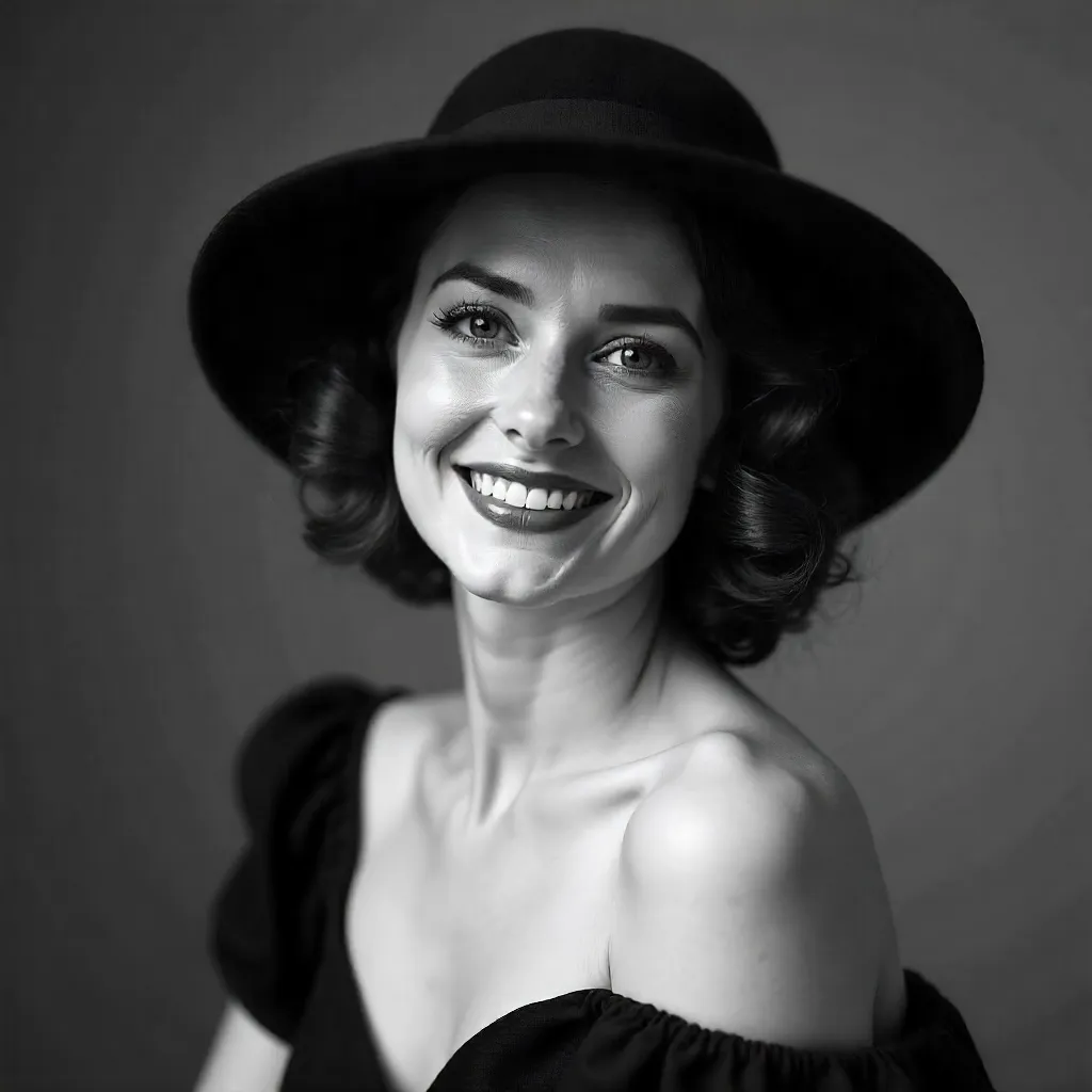 Smiling Woman in Hat: Black & White Portrait