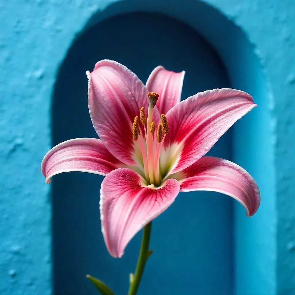 Macro Close-Up: Vivid Pink Lily Against Blue Arch