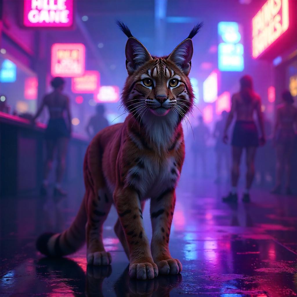 Lynx in Neon Nightclub: A 3D Render