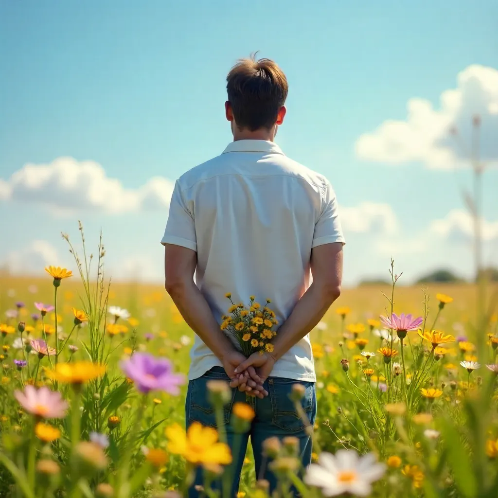 Man in a Sunlit Meadow with Hidden Wildflowers