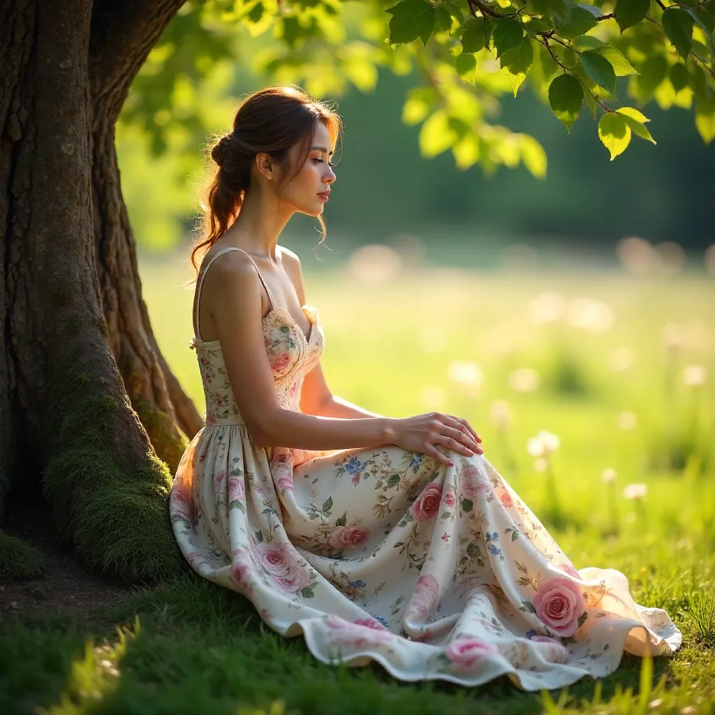 Sunlit Moment: Woman in a Floral Gown Beneath a Tree