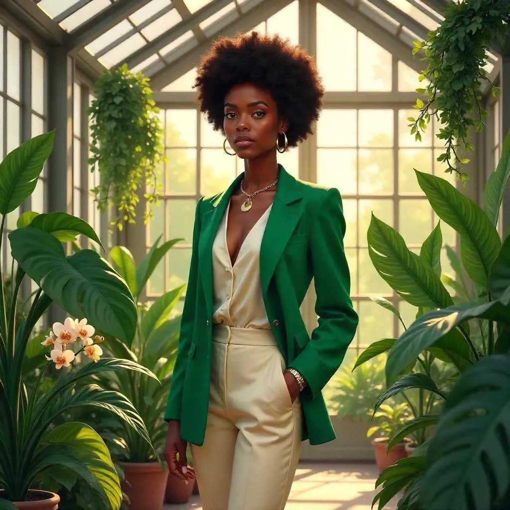 Stylish Black Girl in a Glass Greenhouse