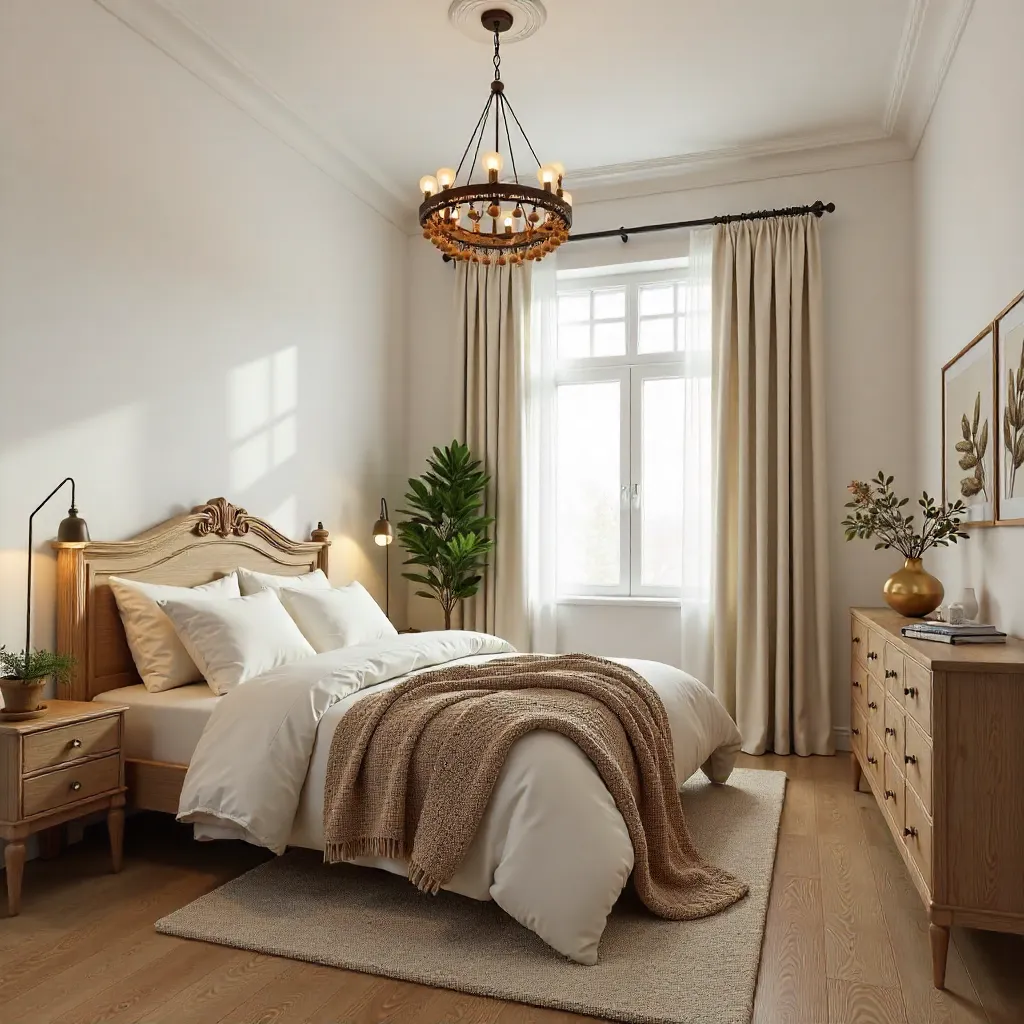 Rustic-Chic Bedroom with Chandelier and Wood Furnishings