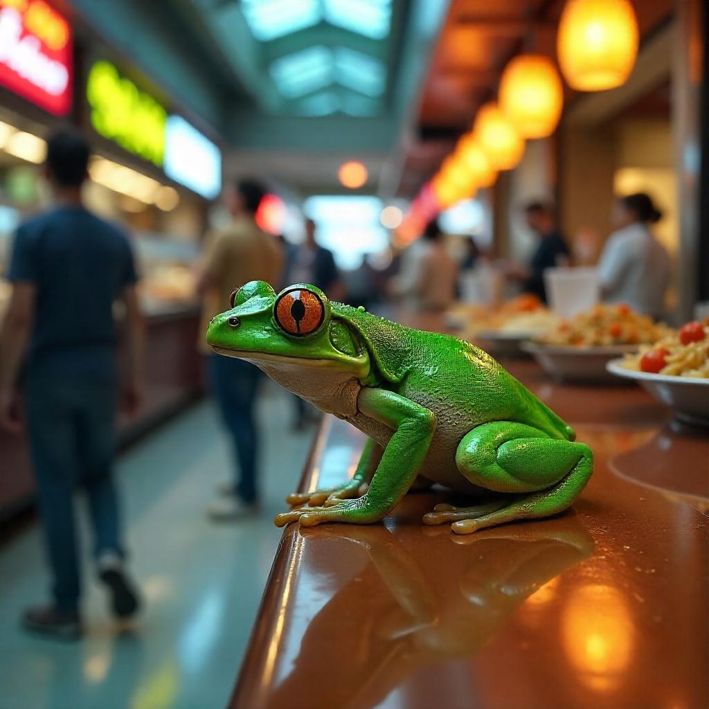 Photoreal Frog in a Busy Food Court