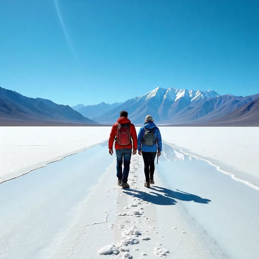 Two Hikers Crossing Uyuni Salt Flats