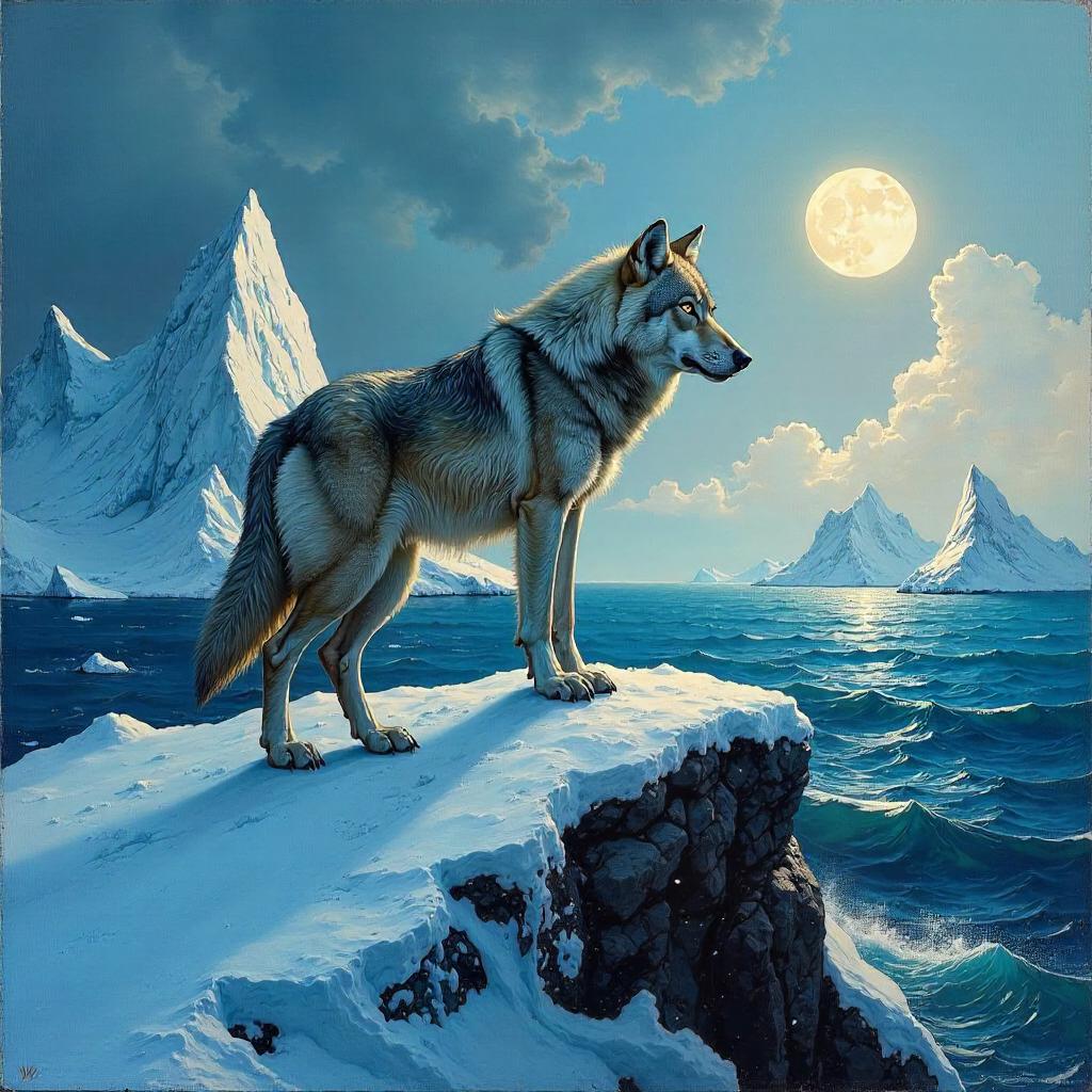 Wolf Among Icebergs: An Oil Painting Scene