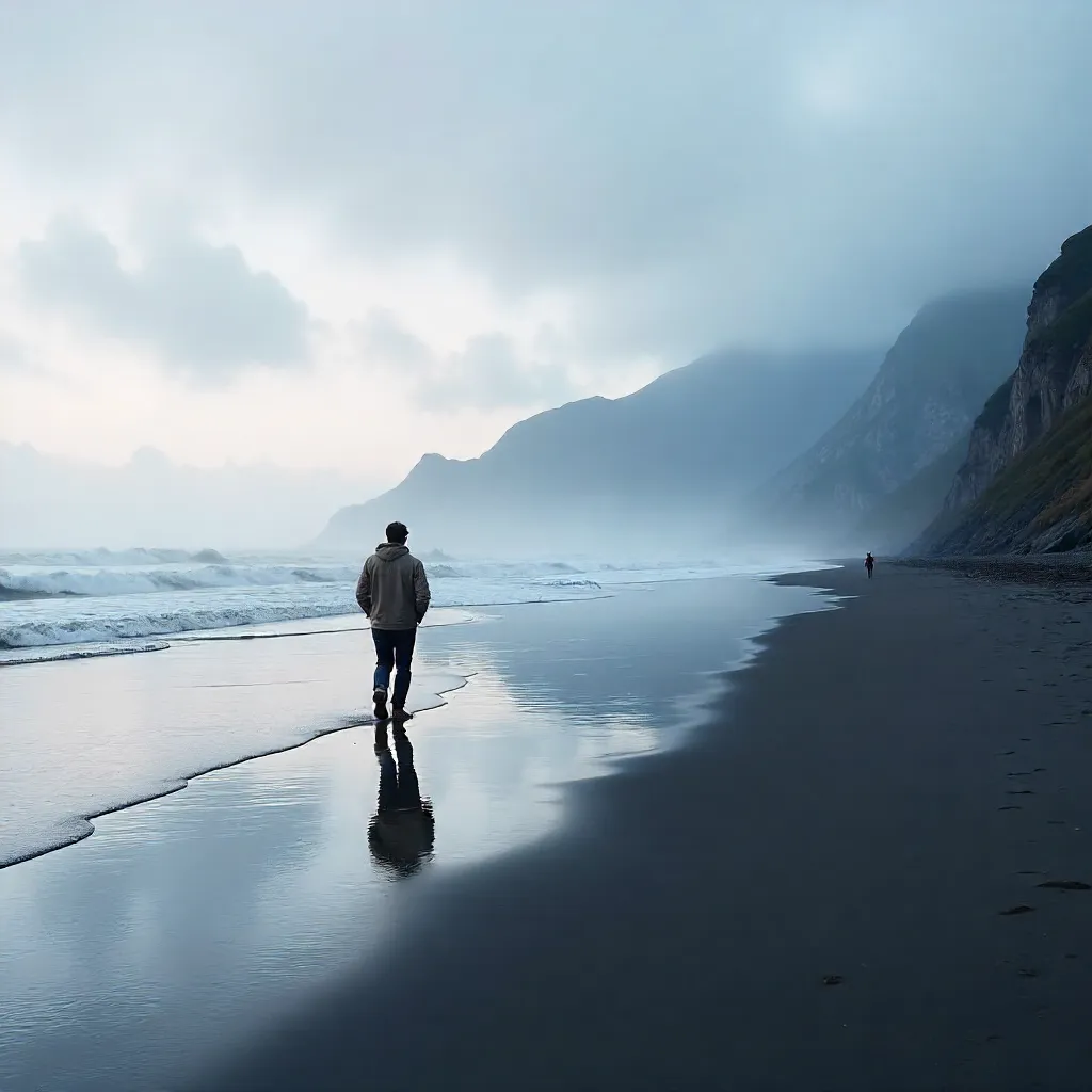 Mist-Kissed Beach Walk with Distant Mountains