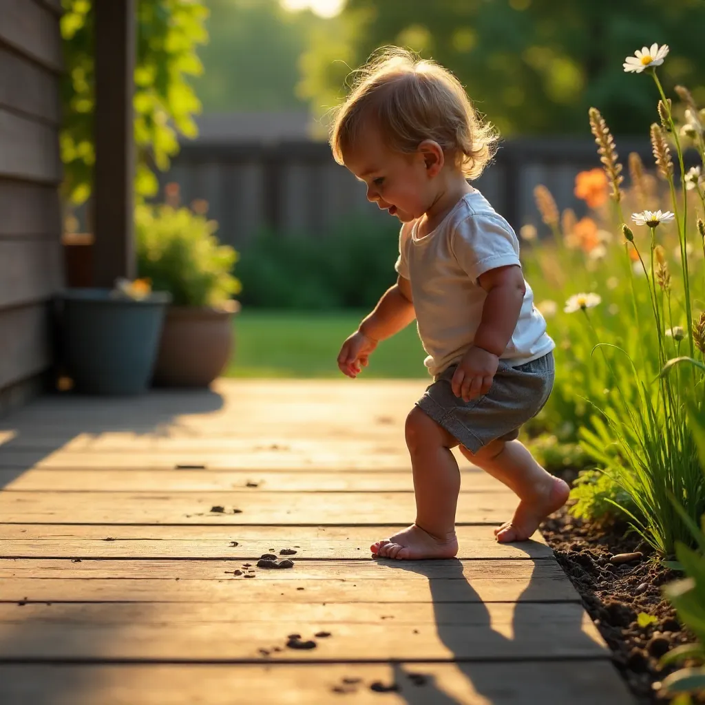 Child Discovers Paw Prints on a Sunlit Deck