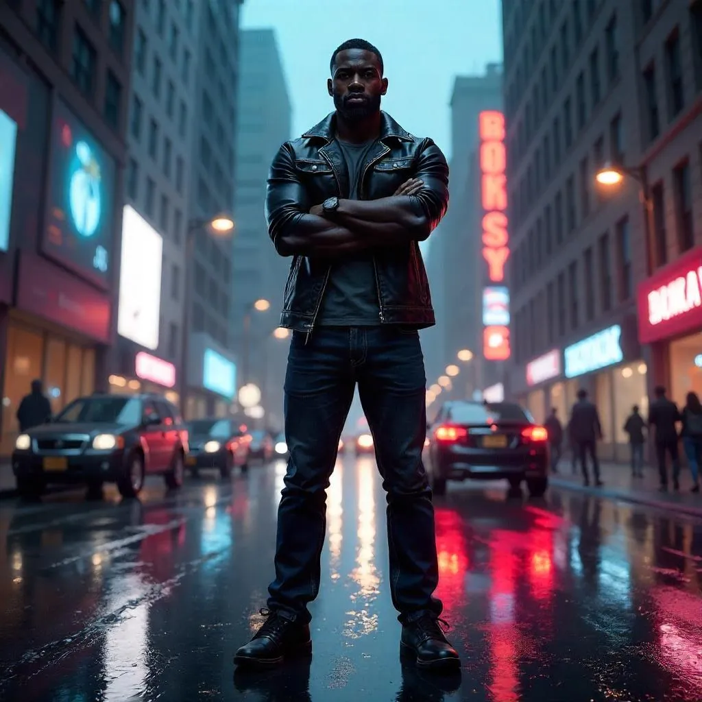 Strong Black Man in a Neon City Street (3D Render)