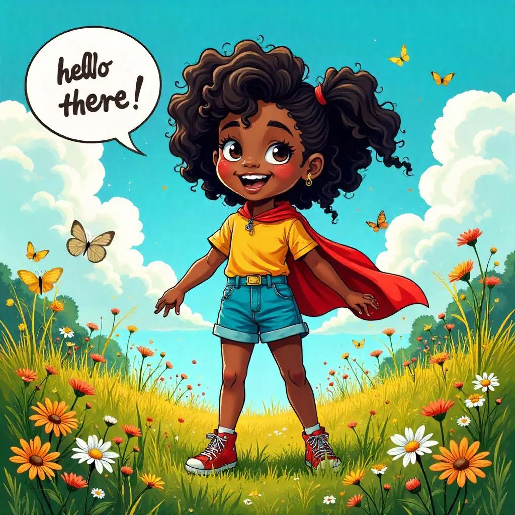 Cheerful Black Girl Hero in a Meadow Comic Style