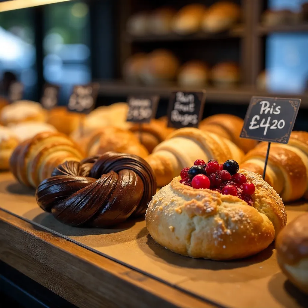 Assorted French Pastries in a Bakery Display with Price Tags