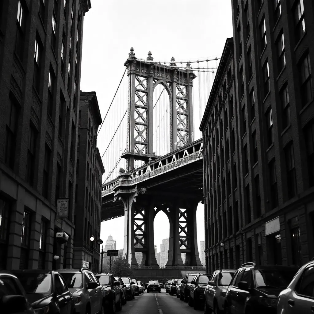 Iconic Black-and-White View of Manhattan Bridge