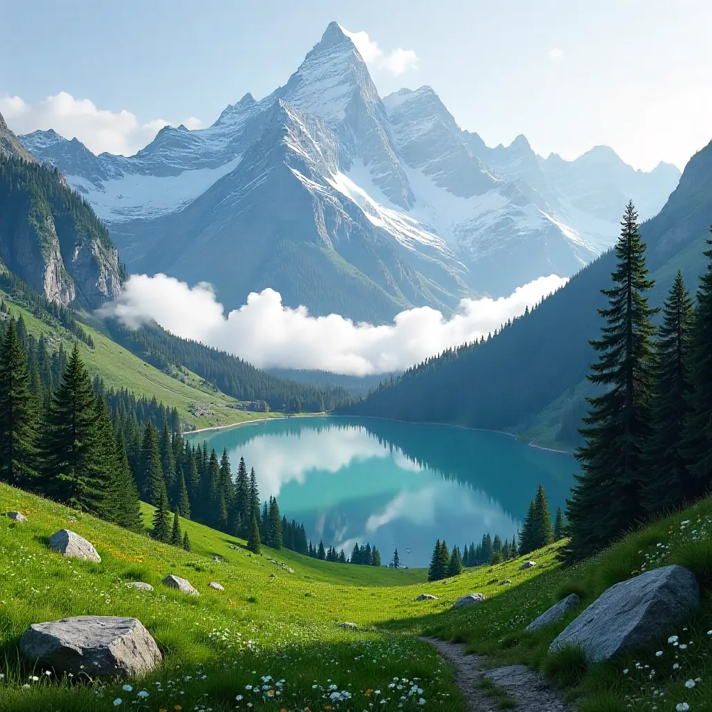 Mist-Softened Peaks Over a Lush Alpine Valley