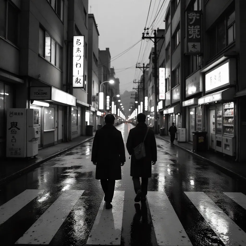 Two Adults Crossing a Japanese City Street in Monochrome
