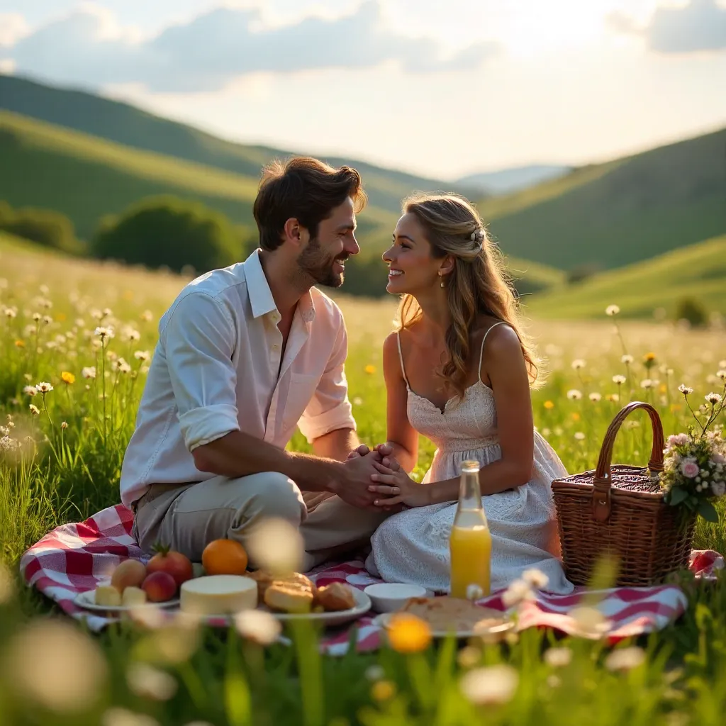 Tender Romantic Picnic in a Golden Meadow