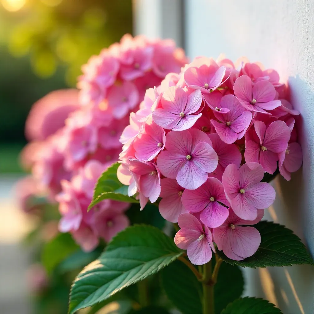 Lush Pink Hydrangeas on a White Wall