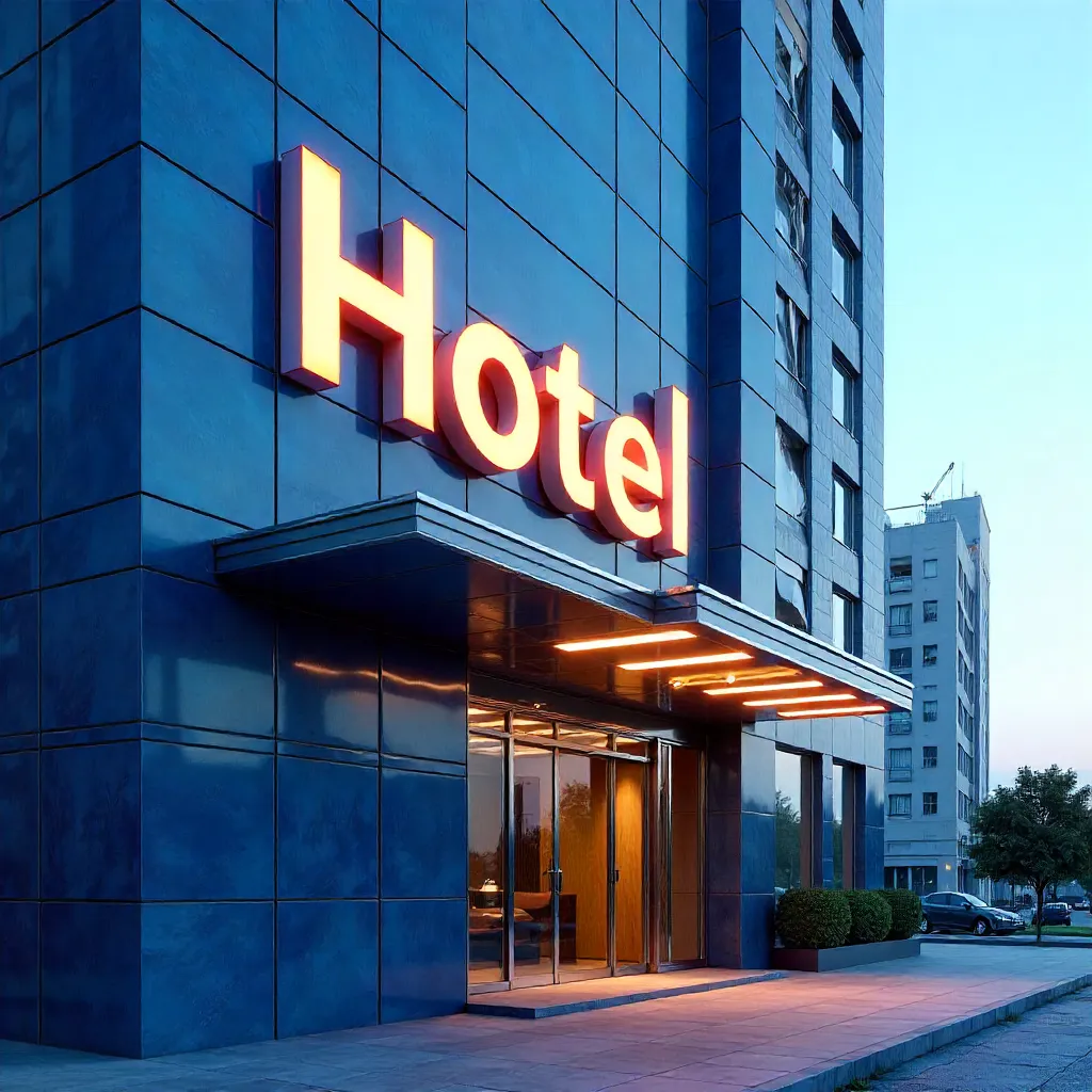 Bright Hotel Sign on Blue Tile Modern Facade