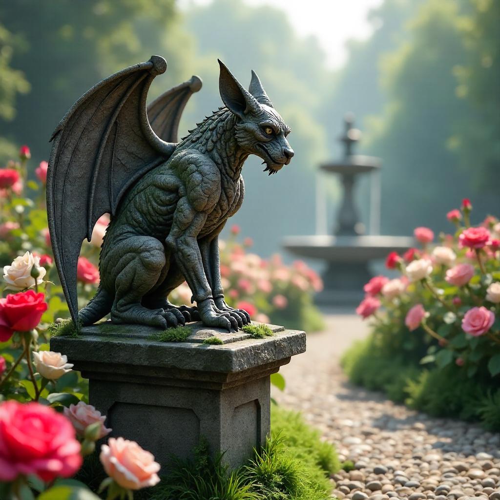 Gargoyle 3D Render in a Rose Garden
